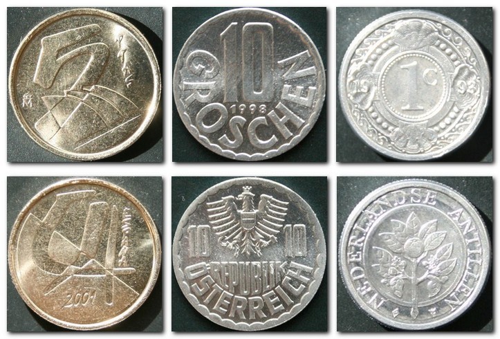 Монеты и купюры мира №66 - 5 песет (Испания), 10 грошей (Австрия), 1 цент (Нидерландские Антильские острова)