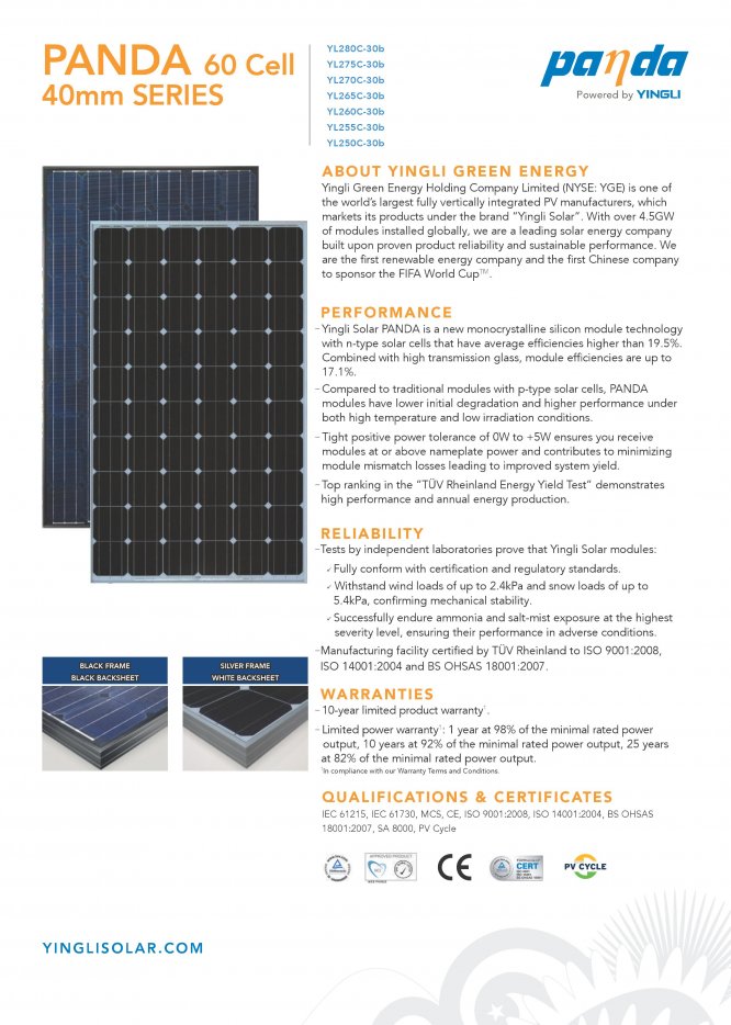 Солнечная батарея Yingli Solar купить, солнечные батареи Yingli Solar цена