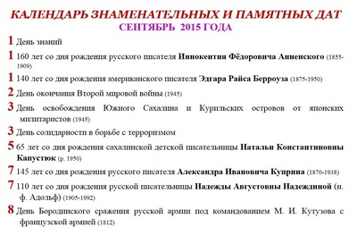 Календарь знаменательных и памятных дат сентябрь 2015 год