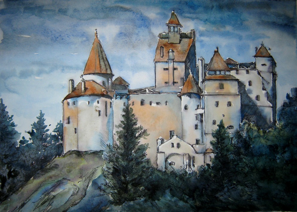 Рисунок старой крепости. Замок Дракулы акварель. Замок Нойшванштайн акварель. Замок Карлштейн рисунок. Замок Каркассон акварель.