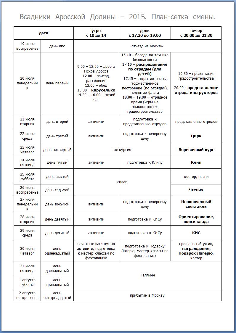 Отрядный план сетка 21 день для лагеря утро день вечер